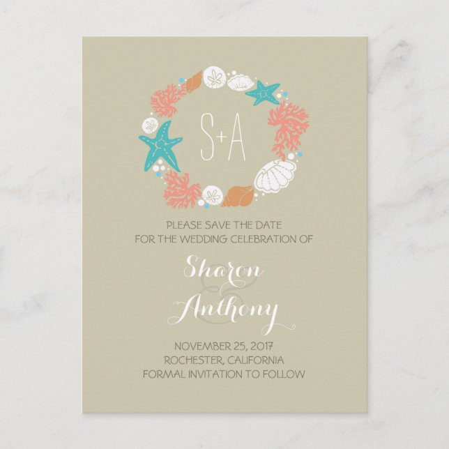 Cute beach wedding save the date announcement postcard (Front)