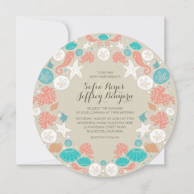 Cute beach wreath wedding invitations (Front)