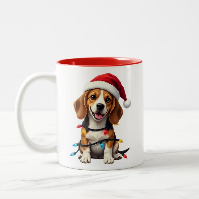 Cute Beagle Christmas Santa Pet Dog Lover  Two-Tone Coffee Mug (Left)