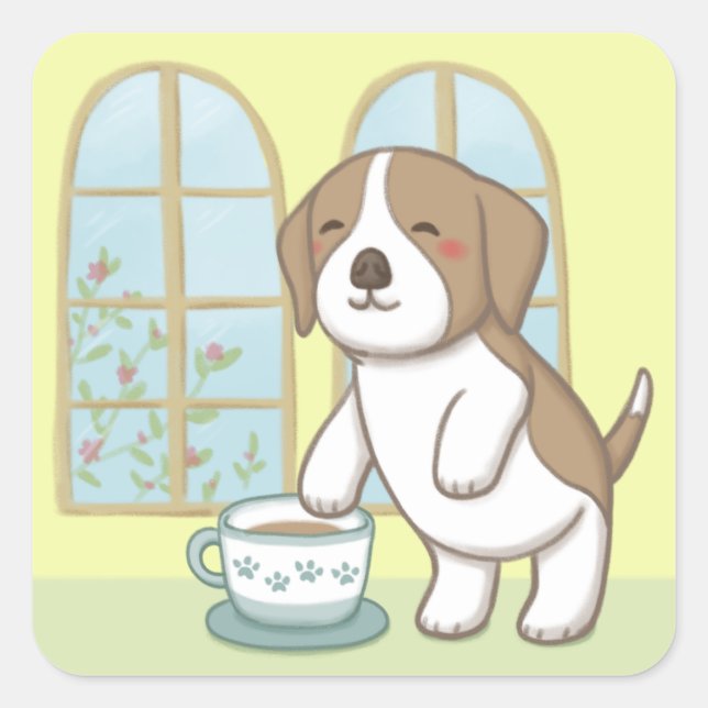 Cute Beagle & Cup of Coffee Square Sticker (Front)