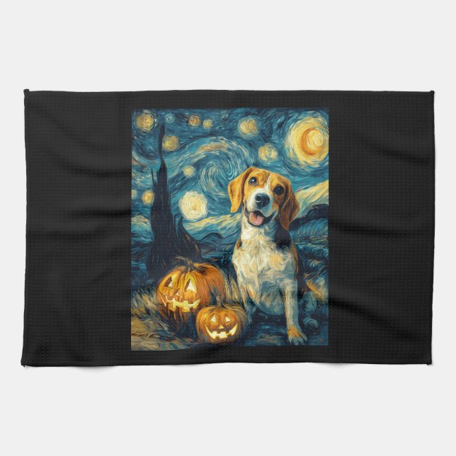 Cute beagle Dog Halloween Jack O Lantern Pumpkin F Tea Towel (Horizontal)
