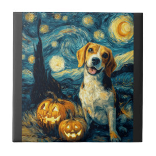 Cute beagle Dog Halloween Jack O Lantern Pumpkin F Tile