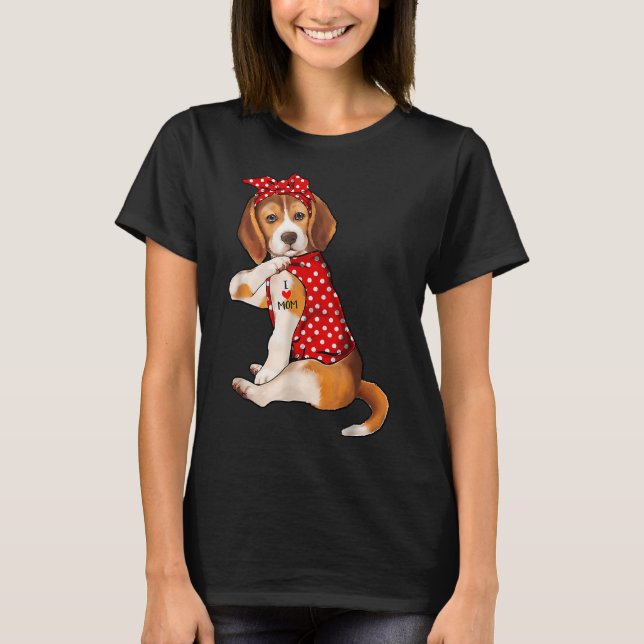Cute Beagle Dog I Love Mum Tattoo T-Shirt (Front)
