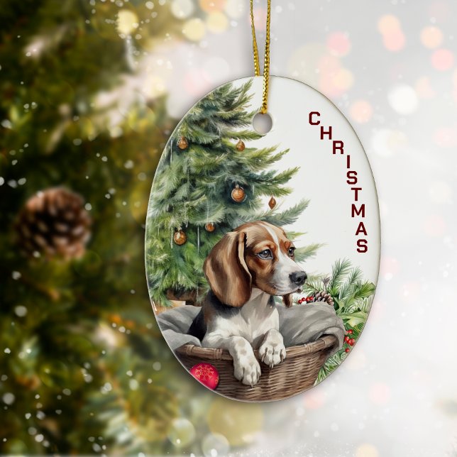 Cute Beagle Dog Wicker Basket Christmas Ceramic Tree Decoration (Creator Uploaded)