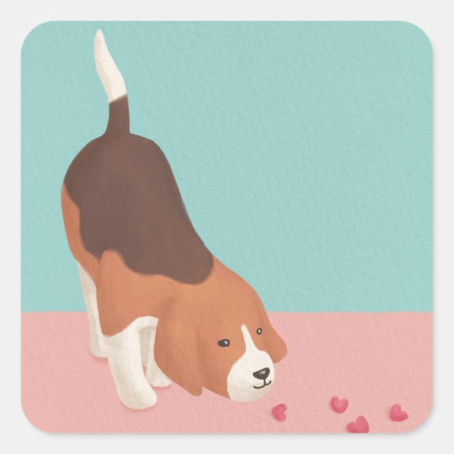 Cute Beagle & Hearts Illustration Square Sticker (Front)
