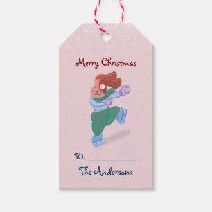 Cute Beagle Ice Skating Pink Christmas Gift Tags