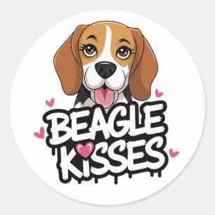 Cute Beagle Kisses Cartoon Dog Lover Pink Hearts Classic Round Sticker