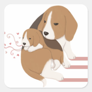 Cute Beagle Mom & Baby Illustration Square Sticker