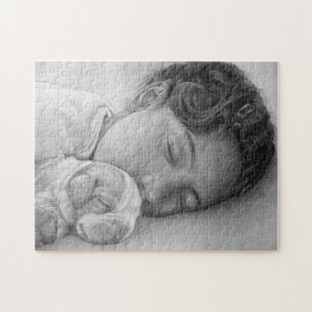 cute beagle puppy and sweet sleeping little girl jigsaw puzzle (Horizontal)