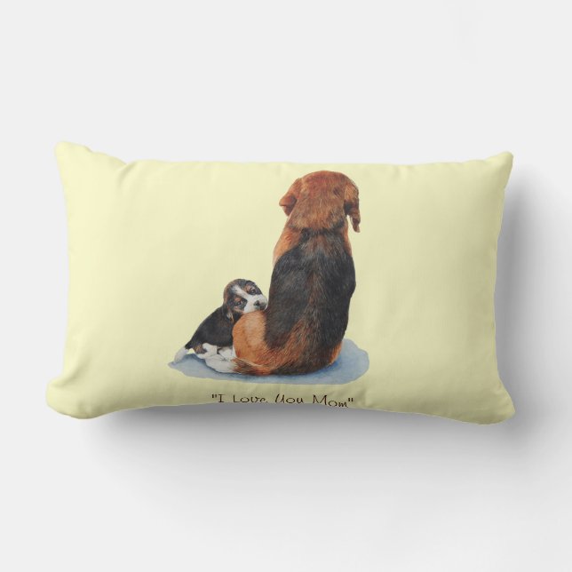 cute beagle puppy cuddling mum dog lumbar cushion (Front)