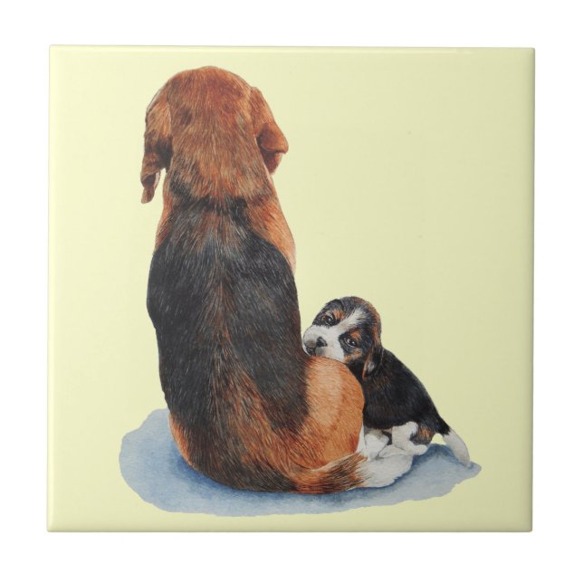 cute beagle puppy cuddling mum dog tile (Front)
