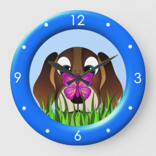 Cute Beagle Puppy Dog Butterfly Large Round Clock