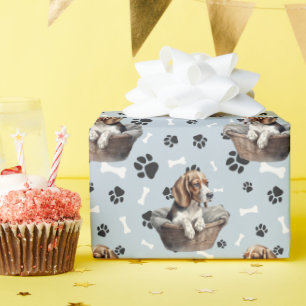 Cute Beagle Puppy in Basket Paw Print  Wrapping Paper