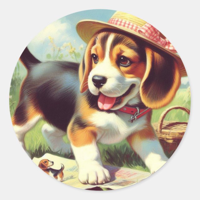 Cute Beagle Puppy Painting Classic Round Sticker (Front)