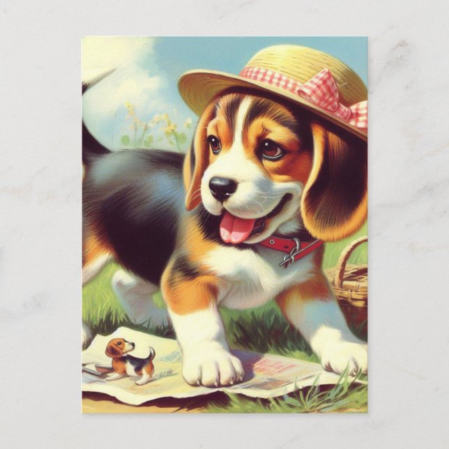 Cute Beagle Puppy Painting Postcard (Front)