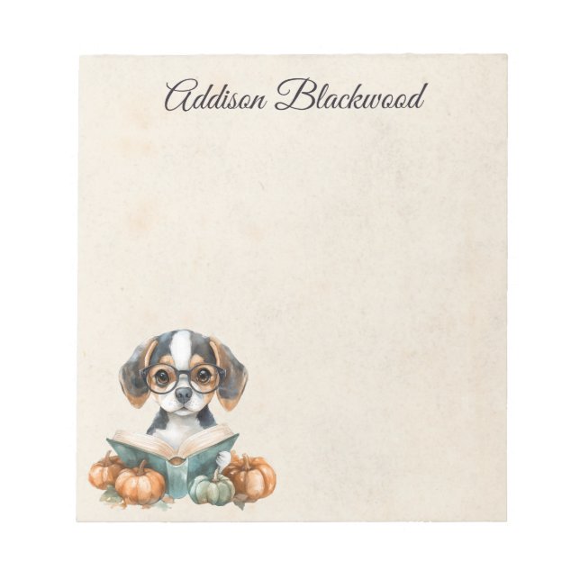Cute Beagle Puppy Reading Book Fall Personalised Notepad (Front)