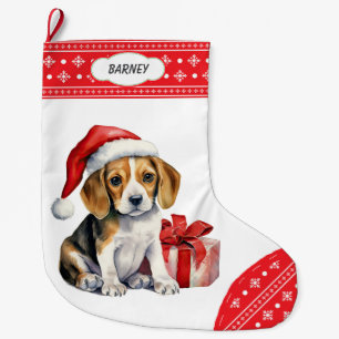Cute Beagle Puppy Santa Hat Snowflake Border Large Christmas Stocking