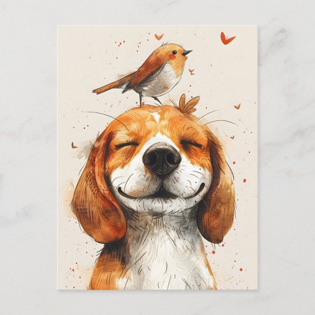 Cute beagle with a bird on the head hand painted postcard (Front)