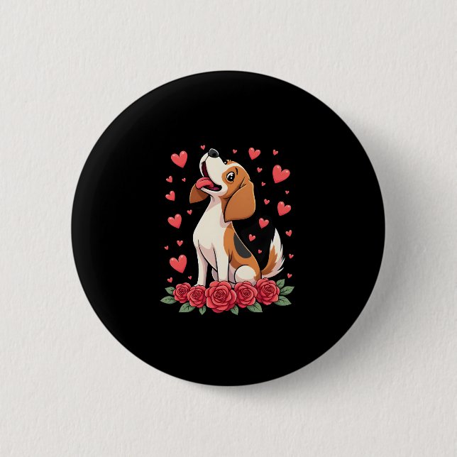 Cute Beagle with Red Roses Hearts Floral Valentine 6 Cm Round Badge (Front)