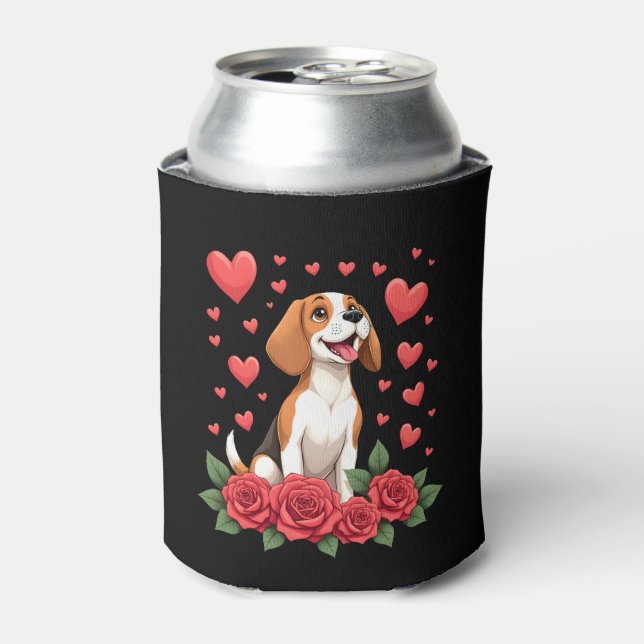 Cute Beagle with Red Roses Hearts Floral Valentine Can Cooler (Can Front)