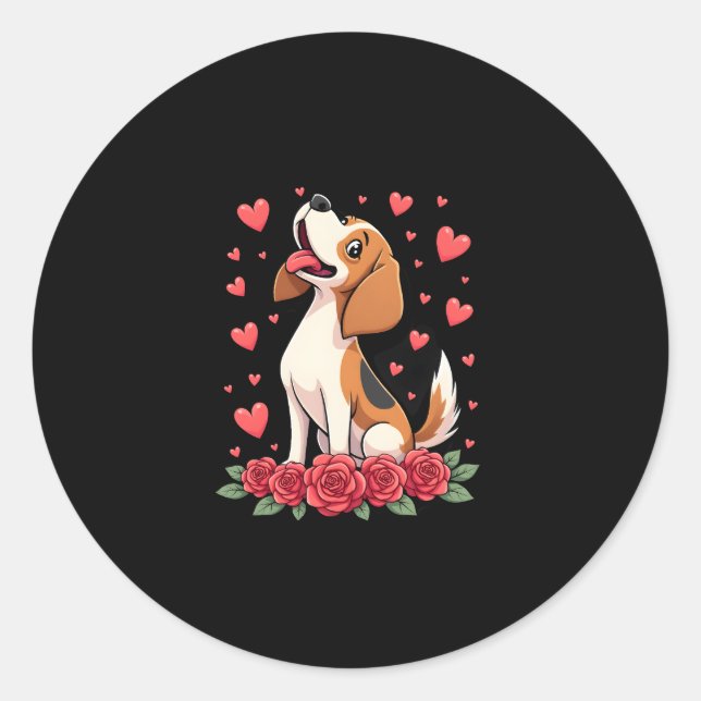 Cute Beagle with Red Roses Hearts Floral Valentine Classic Round Sticker (Front)