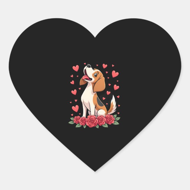 Cute Beagle with Red Roses Hearts Floral Valentine Heart Sticker (Front)