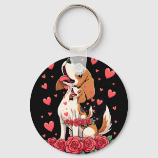 Cute Beagle with Red Roses Hearts Floral Valentine Key Ring