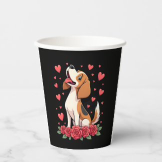 Cute Beagle with Red Roses Hearts Floral Valentine Paper Cups
