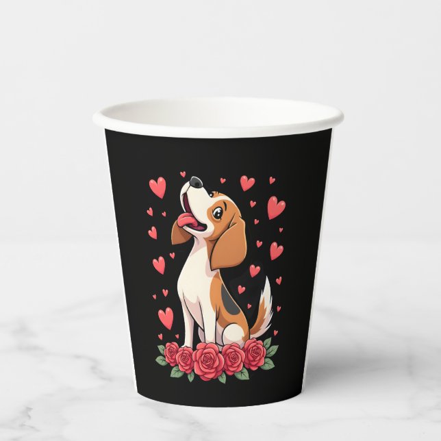 Cute Beagle with Red Roses Hearts Floral Valentine Paper Cups (Front)