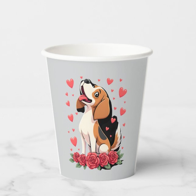 Cute Beagle with Red Roses Hearts Floral Valentine Paper Cups (Front)