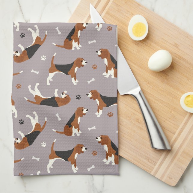 Cute Beagles Paws and Bones Grey Tea Towel (Quarter Fold)