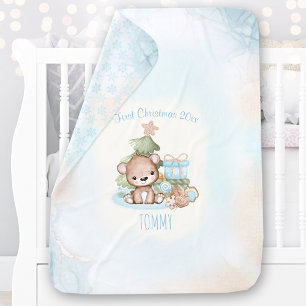 Cute Bear 1st Christmas Boy Name Blue Beige Baby Blanket