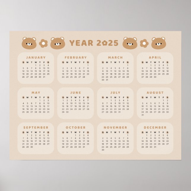 Cute Bear 2025 Calendar Poster (Front)