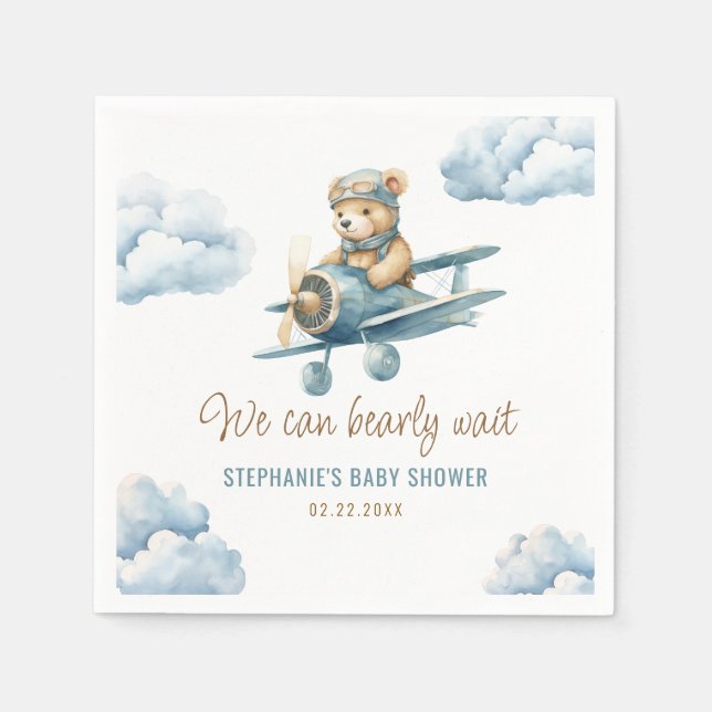 Cute Bear Aeroplane Blue Boy Baby Shower Napkin (Front)