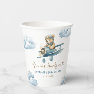 Cute Bear Aeroplane Blue Boy Baby Shower Paper Cups