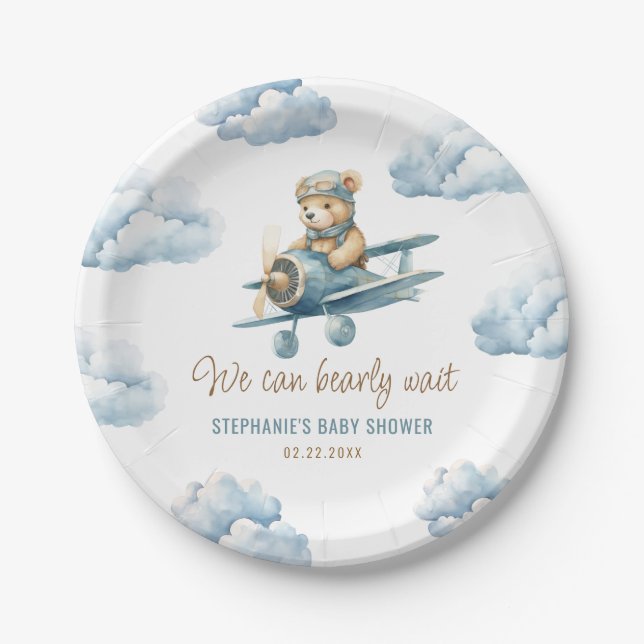 Cute Bear Aeroplane Blue Boy Baby Shower Paper Plate (Front)