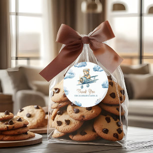 Cute Bear Aeroplane Blue Boy Baby Shower Thank You Classic Round Sticker