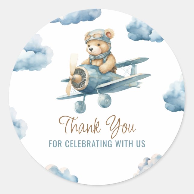 Cute Bear Aeroplane Blue Boy Baby Shower Thank You Classic Round Sticker (Front)