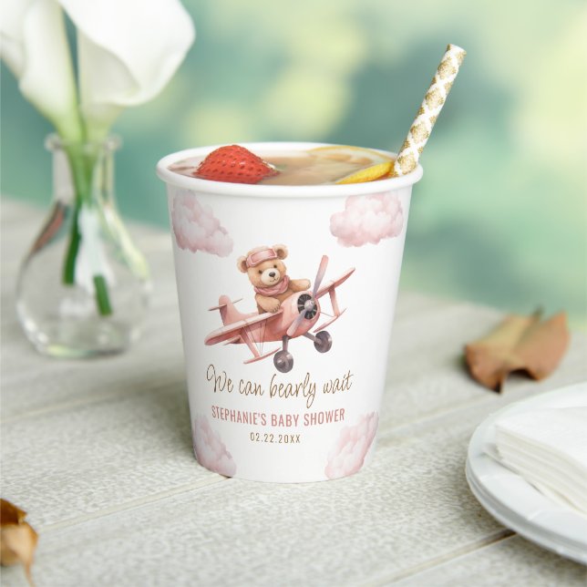 Cute Bear Aeroplane Pink Girl Baby Shower Paper Cups (Insitu)