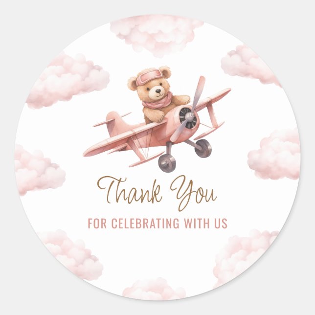 Cute Bear Aeroplane Pink Girl Baby Shower Thank Yo Classic Round Sticker (Front)