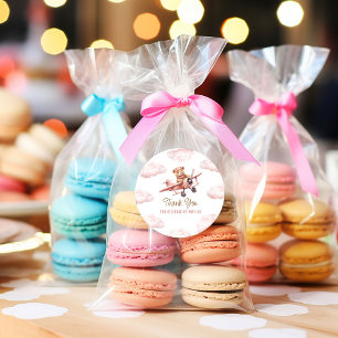 Cute Bear Aeroplane Pink Girl Baby Shower Thank Yo Classic Round Sticker