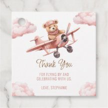 Cute Bear Aeroplane Pink Girl Baby Shower Thank Yo