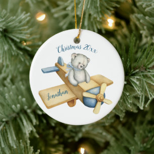 Cute Bear Aeroplane Watercolor Christmas Name Ceramic Tree Decoration