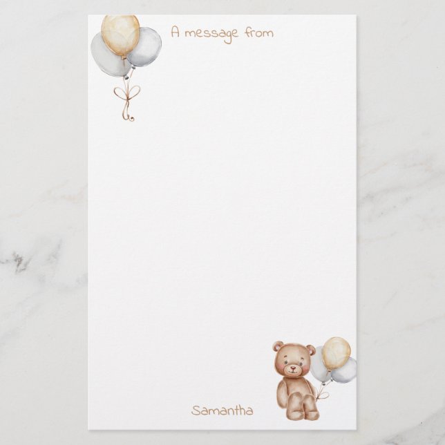 Cute Bear and Balloons Gold Silver Custom Stationery (Front)