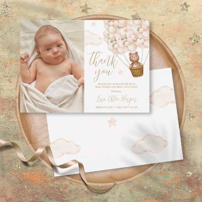 Cute Bear And Balloons New Baby Photo Thank You Card (Cute Bear And Balloons New Baby Photo Thank You Card)