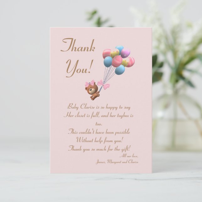 Cute Bear and Balloons Theme Flat Thank You Card (Standing Front)