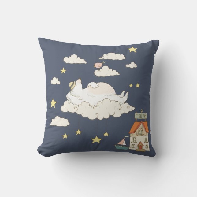 Cute Bear and Bird Illustration Scene in the Sky Cushion (Front)