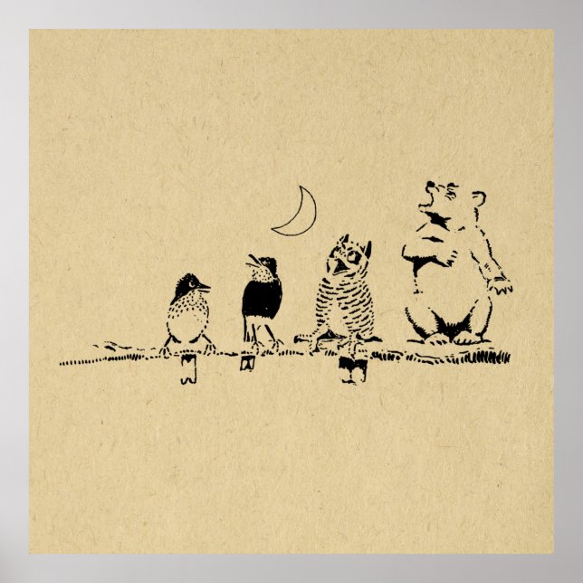 Cute Bear and Birds Singing to the Moon Art Poster (Front)