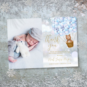Cute Bear And Blue Balloons Winter Baby Photo Thank You Card