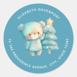 Cute Bear and Christmas Tree Holiday Address Classic Round Sticker
